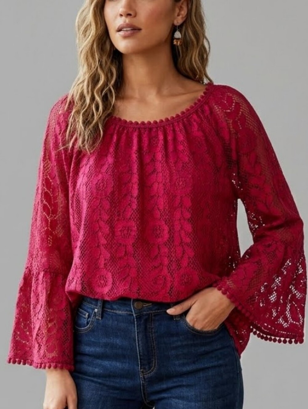 Deep Red Lace Bellsleeve Pompom Scoop Neck Blouse Top Boho Whimsical Romantic
